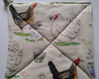 Rooster Potholder or Hot Pad with Hanging Loop - Roosters, Eggs, Flowers, Rooster Names