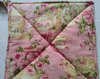 Pink Roses and Tea Sets Potholder or Hot Pad with Hanging Loop - Mom Gift, Mother's Day