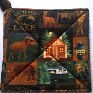 Rustic Cabin Potholder or Hot Pad with Hanging Loop - Rustic Decor, Moose, Camping