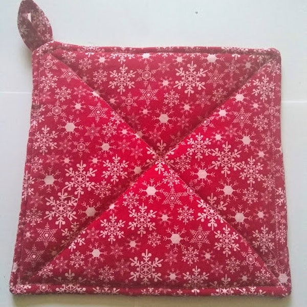 Red and White Snowflake Potholder or Hot Pad with Hanging Loop - Snowflake Decor