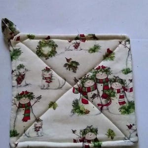 Snowman Potholder or Hot Pad with Hanging Loop - Snowmen, Cardinals, Pets, Greenery, Holiday Primitive Snowman Potholders
