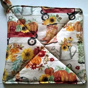 Rain Boots, Wagons, Flowers and Pumpkins Fall Potholder or Hot Pad with Hanging Loop - Fall Potholder/Pumpkin Potholder