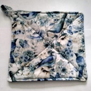 Blue Flowers and Birds Potholder or Hot Pad with Hanging Loop- Bird Potholder/Floral Potholder