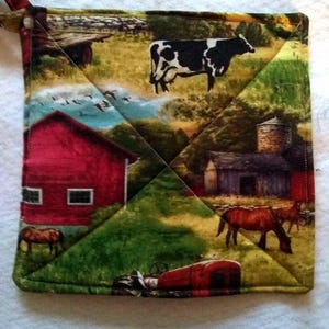 Farm Life Potholders or Hot Pads with Hanging Loop - Cows, Barns, Horses