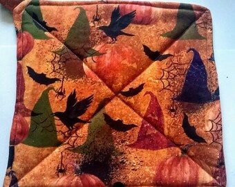 Bats, Crows and Witch Hats Halloween Potholder or Hot Pad with Hanging Loop - Halloween Potholder/Halloween Decor