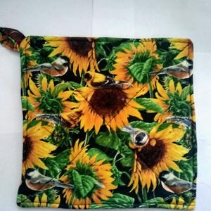 Sunflowers and Birds Potholder or Hot Pad with Hanging Loop