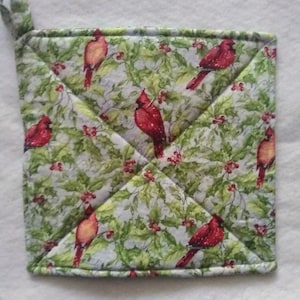 Cardinal Potholder or Hot Pads with Hanging Loop - Cardinals, Berries, Holly