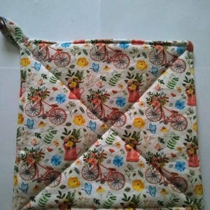 Bicycles and Flowers Potholder or Hot Pad with Hanging Loop