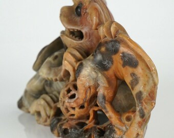 アンティークの大きな獅子と象の翡翠彫刻 7985カラット、家宝、izida