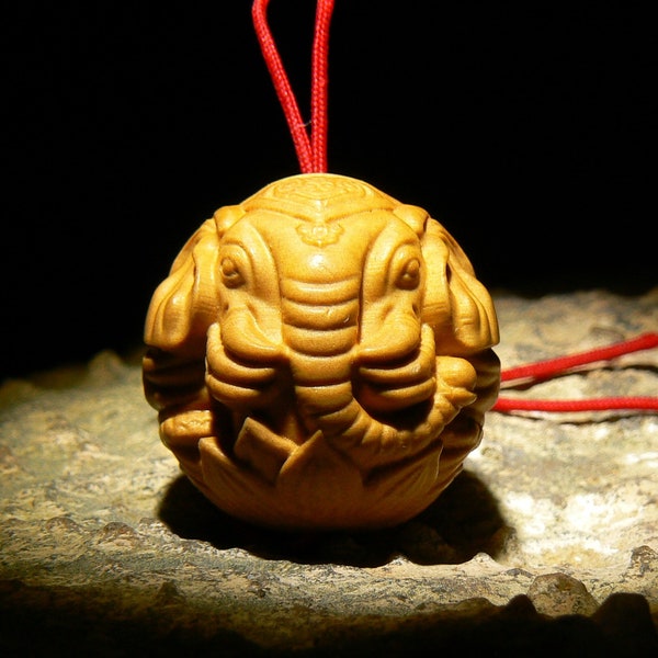 Six Tusk Elephant Netsuke Ojime Bead, Airavarta on Lotus, Wood Art Carving, Rare Lucky Amulet, izida collection
