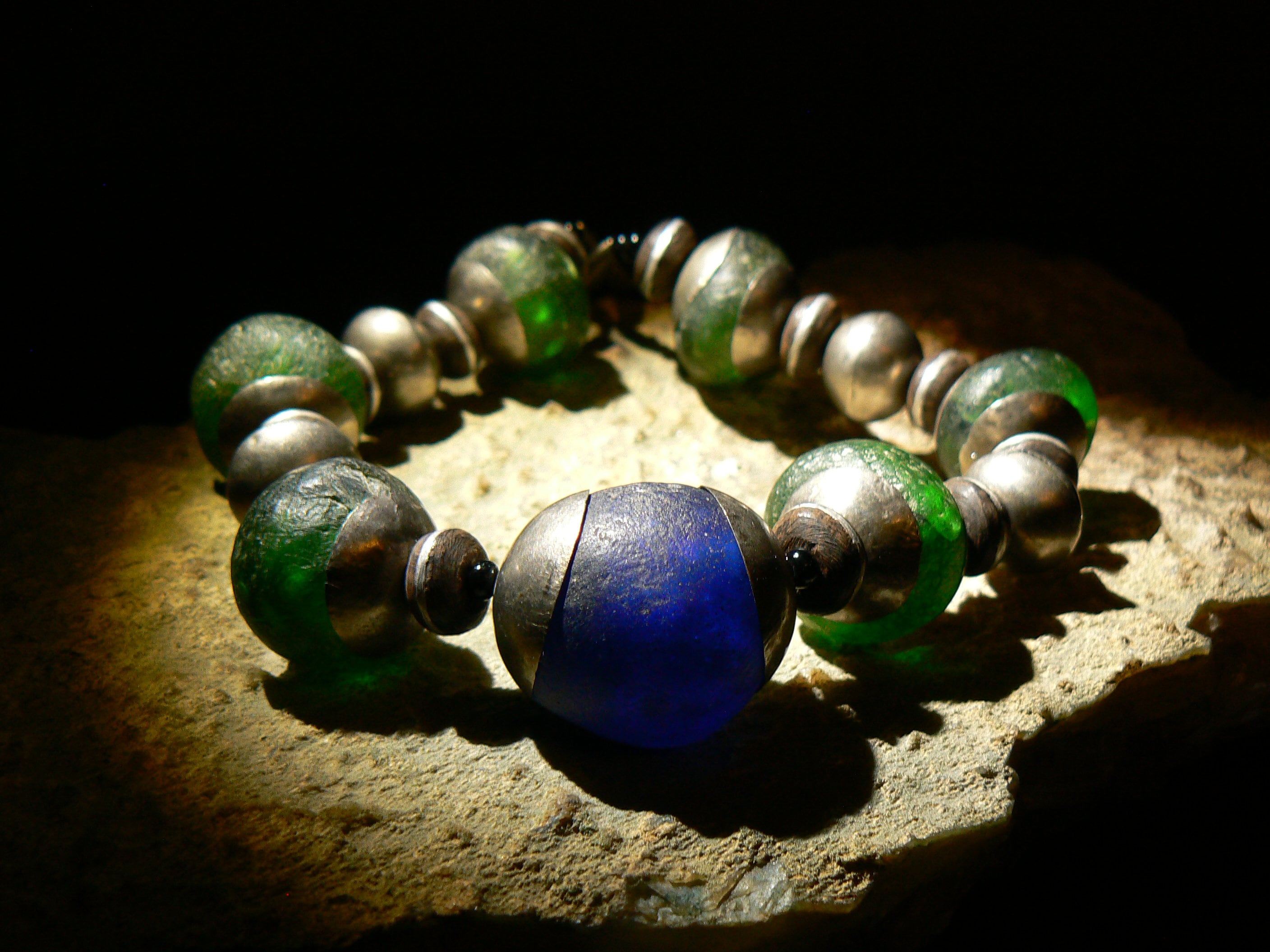 Ancient Roman or Early Islamic Glass Beads Silver Amulet