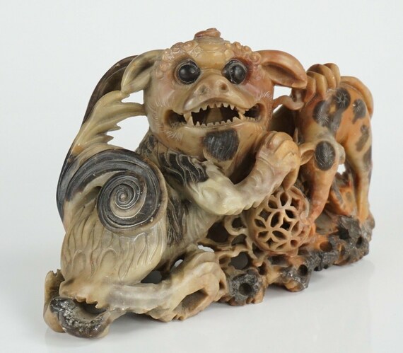 アンティークの大きな獅子と象の翡翠彫刻 7985カラット、家宝、izida