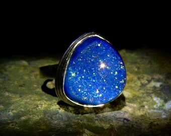 Blue Aura Bright Druzy Quartz Designer Sterling Silver Ring, Size 8 1/2, izida