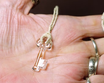 Crystal Key To Open All the Doors, Lucky Talisman Pendant, Promise of Better Life, Yoko Ono Signed, polished Hemp Gold Cord, by izida