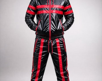 Men’s Glossy Black Patent Tracksuit with Bold Red Stripes