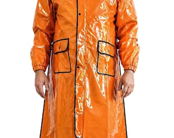 Men’s Orange Shiny Nylon Hooded Long  Jacket