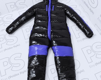 May include: A black and purple hooded puffer jumpsuit with a glossy finish. The garment features a central vertical purple zipper panel, long sleeves, and horizontal quilted sections. The text "Pridex style" is printed on the upper left chest.