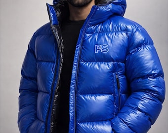 Men’s Electric Blue Shiny Nylon Puffer Jacket