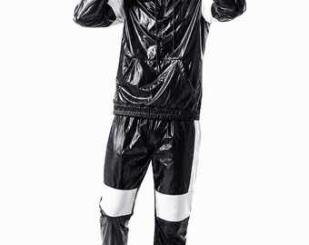 Men’s Black White Shiny Nylon Pro Hooded Tracksuit