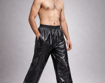 Men’s Black Shiny Nylon Pants  Lightweight Streetwear Bottoms