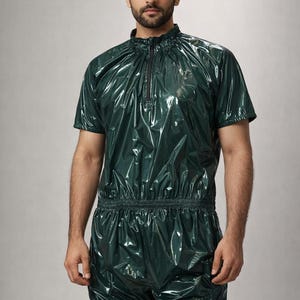Unisex Drack Green Shiny  Onesie Glossy Hooded Quilted Romper