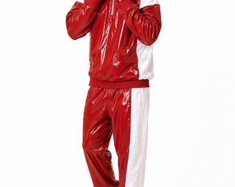 Men’s Shiny Nylon Pro Tracksuit Set Red White Glossy Half Panel