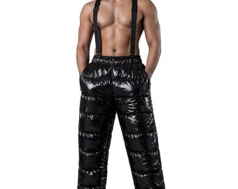 Men’s Black Shiny Nylon Cargo Track Pants