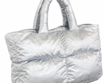 Metallic Silver Shiny Nylon Puffer Tote Bag