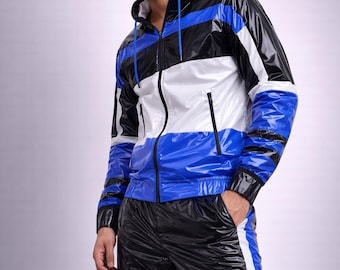 Men’s Shiny Nylon Tracksuit  Black Blue Hooded Jacket & Pants Set
