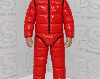 May include: A bright red, full-body quilted jumpsuit with a glossy finish, featuring a matching integrated hood that covers the head with cutouts for the eyes and mouth. The garment includes a central black zip closure and black trim accents.