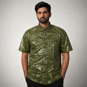 Può includere: Camicia verde oliva a maniche corte con una texture lucida e stropicciata. La camicia ha un colletto button-down, una tasca sul petto e bottoni neri. Indossata con pantaloni neri.