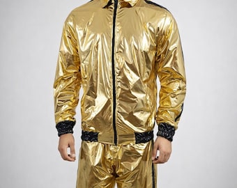 Metallic Gold Shiny Nylon Tracksuit with Black Stripes