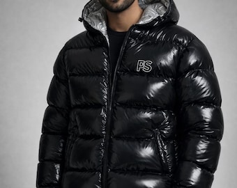 Black Glossy Nylon Puffer Hoodie Jacket