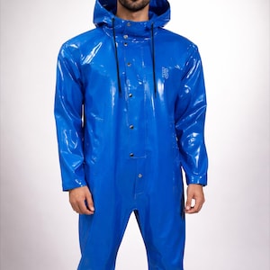Men’s Glossy Royal Blue PVC Waterproof Jumpsuit with Hood