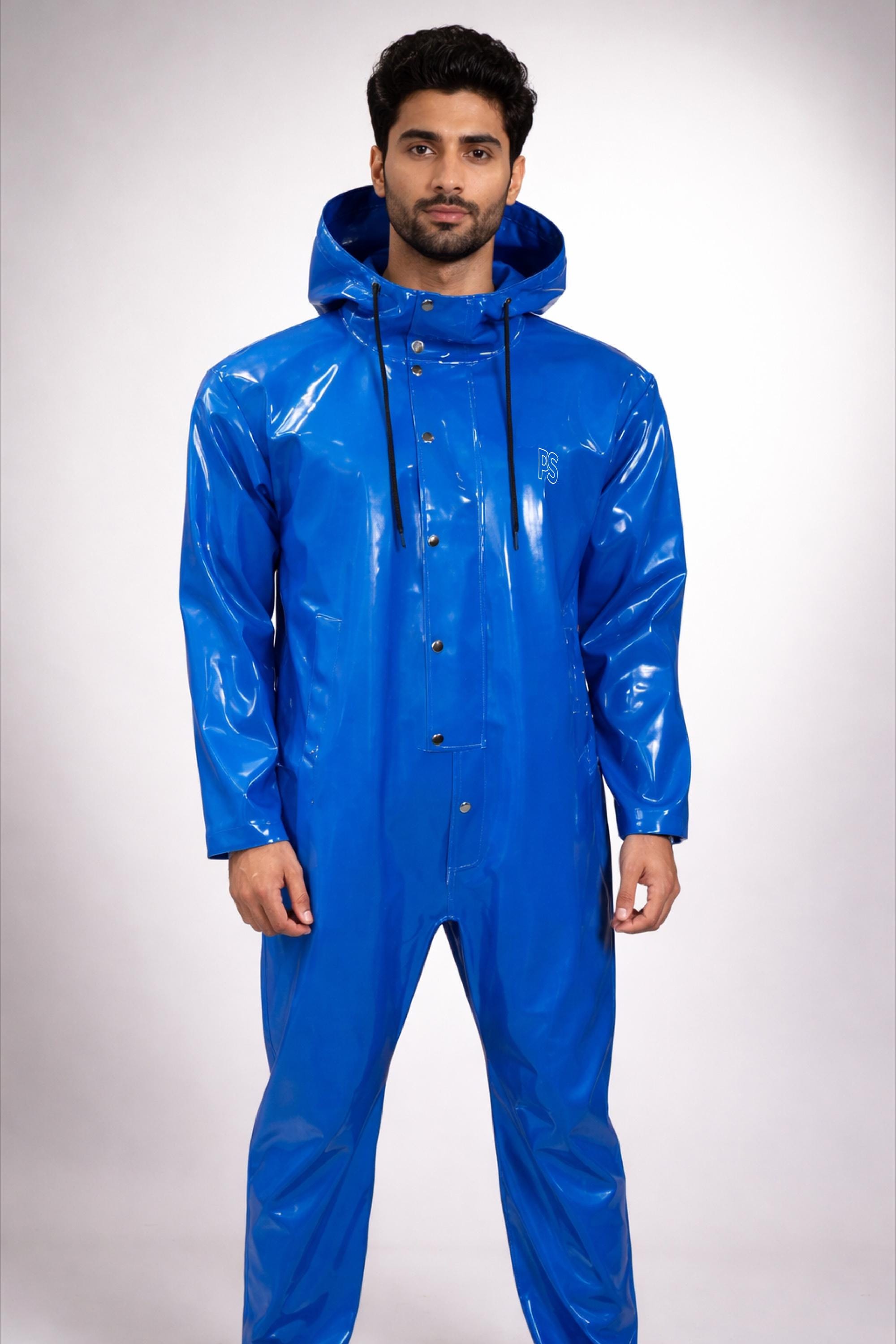 Men's Glossy Royal Blue PVC Waterproof Jumpsuit With Hood - Etsy