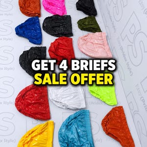 Puede incluir: Una colección de catorce calzoncillos brillantes de colores sólidos dispuestos en una cuadrícula, incluyendo naranja, rosa, negro, azul, verde oliva, rojo, blanco, rosa claro, amarillo neón y amarillo. El texto GET 4 BRIEFS SALE OFFER está centrado.