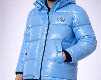 Men’s Sky Blue Shiny Puffer Jacket Lightweight Hooded