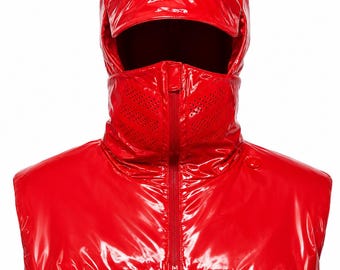 Red Shiny Nylon Futuristic Hood Mask Glossy Techwear Face Cover Hood