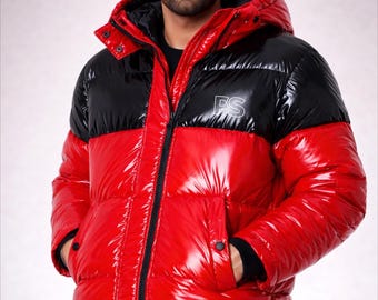 Black & Red Shiny Nylon Hooded Puffer Jacket