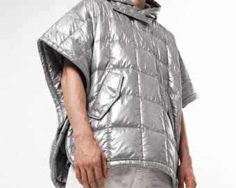 Futuristic Silver Quilted Puffer Poncho Hooded Metallic Oversized Unisex Festival Cape