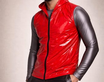 Men’s Red Shiny Nylon Vest Glossy Lightweight