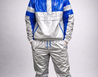 Men’s Blue and Silver Glossy 2-Piece Hooded Anorak Tracksuit
