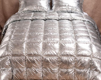 Silver Metallic Quilted Shiny Nylon Bedding Set