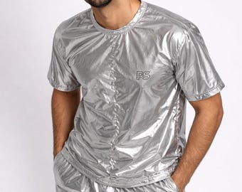 Shiny Silver Nylon Lightweight T-Shirt & Shorts Set