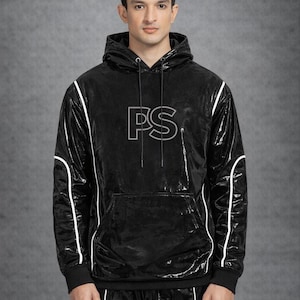 Jet Black Gloss PVC Hoodie Set with Contrast Piping