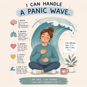 May include: An educational illustration titled I CAN HANDLE A PANIC WAVE. It features a person sitting cross-legged in front of a large blue wave, with five numbered steps for managing anxiety, a potted plant, a mug, and the text I AM SAFE. I AM STRONG.