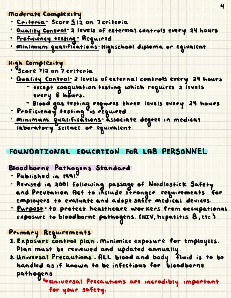 May include: Handwritten notes on graph paper detail laboratory safety guidelines, including moderate and high complexity criteria, bloodborne pathogen standards, and primary requirements for employee safety. The text is in black ink with highlighted sections.