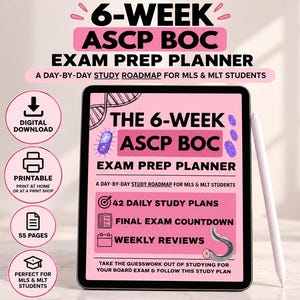 May include: A digital tablet displaying a 6-week ASCP BOC exam prep planner for MLS and MLT students, featuring a pink background with microbiology illustrations, 42 daily study plans, a final exam countdown, and weekly reviews.