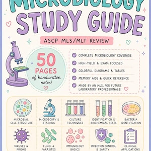 May include: A Microbiology Study Guide for ASCP MLS/MLT review featuring 50 pages of handwritten notes. The cover includes a microscope illustration, colorful icons for microbial cell structure, viruses, fungi, and test tubes with text.