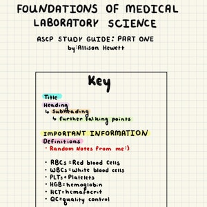 Könnte beinhalten: Ein handgeschriebener Studienführer mit dem Titel "FOUNDATIONS OF MEDICAL LABORATORY SCIENCE" mit dem Untertitel "ASCP STUDY GUIDE: PART ONE". Der Leitfaden enthält Definitionen medizinischer Begriffe wie RBCs, WBCs und HGB, mit einem Abschnitt "Key".